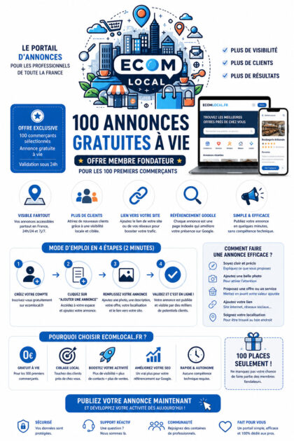 🚀 Commerçants : 100 annonces GRATUITES À VIE pour gagner en visibilité (et sur Google)