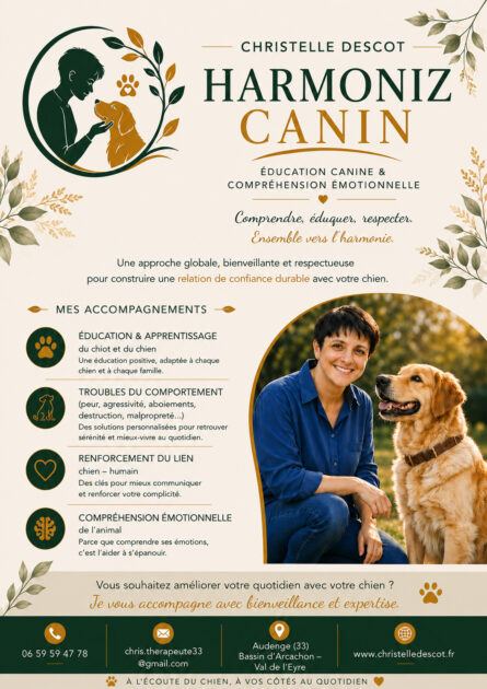 🎁 70 € – Bilan comportemental canin à Audenge (33) – Éducatrice comportementaliste